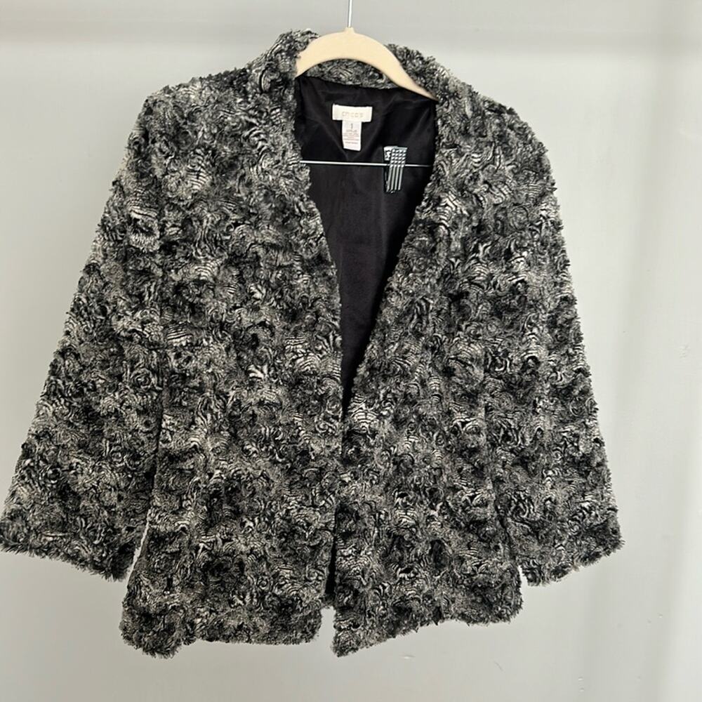 Chicos Gray Faux Fur Rosette Jacket Grey Black Open Front Coat Size 1 Medium